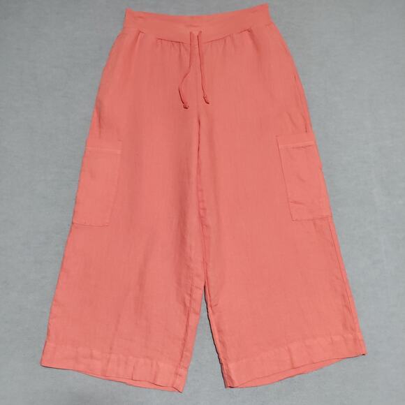 Flax Full Time Pants Linen Crop Wide Leg Drawstring Cargo Womens Small Mango - Picture 2 of 13